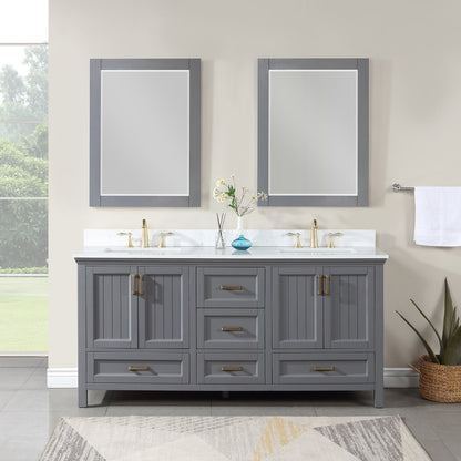 Isla 72" Double Bathroom Vanity Set in Gray and Aosta White Engineered Stone Countertop with Mirror