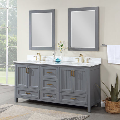 Isla 72" Double Bathroom Vanity Set in Gray and Aosta White Engineered Stone Countertop with Mirror