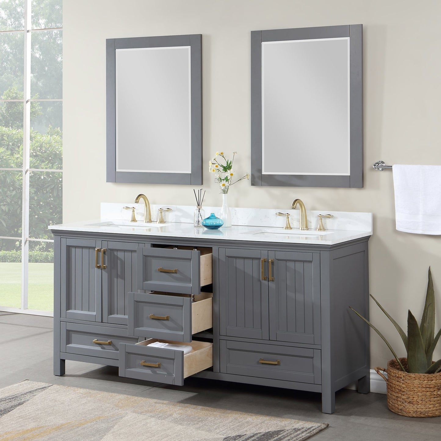 Isla 72" Double Bathroom Vanity Set in Gray and Aosta White Engineered Stone Countertop with Mirror
