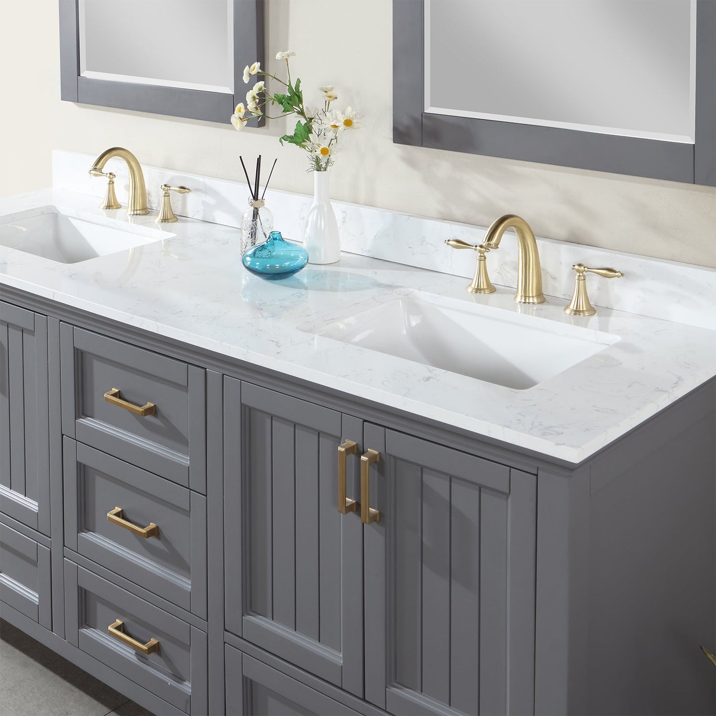 Isla 72" Double Bathroom Vanity Set in Gray and Aosta White Engineered Stone Countertop with Mirror