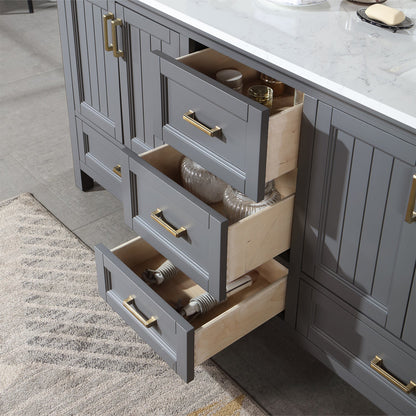 Isla 72" Double Bathroom Vanity Set in Gray and Aosta White Engineered Stone Countertop with Mirror