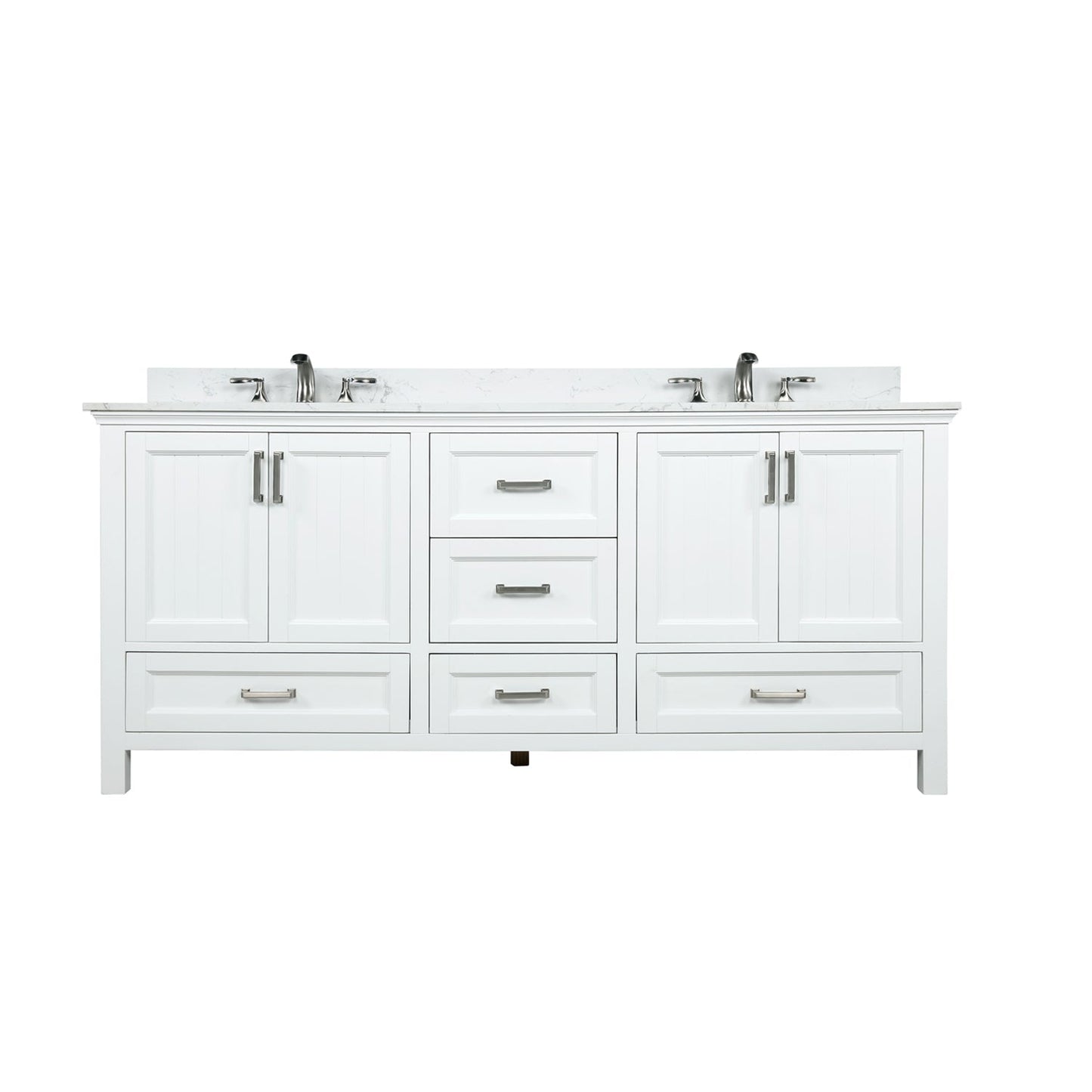 Isla 72" Double Bathroom Vanity Set in White and Aosta White Engineered Stone Countertop without Mirror
