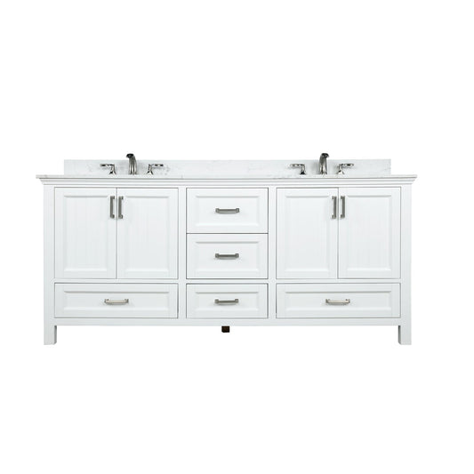 Isla 72" Double Bathroom Vanity Set in White and Aosta White Engineered Stone Countertop without Mirror