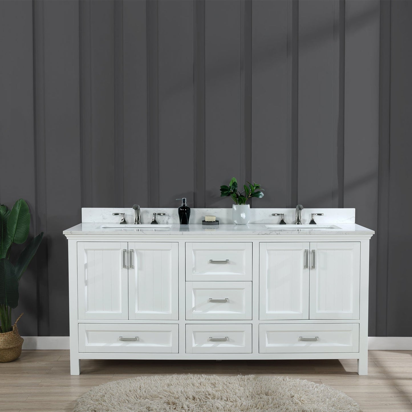 Isla 72" Double Bathroom Vanity Set in White and Aosta White Engineered Stone Countertop without Mirror
