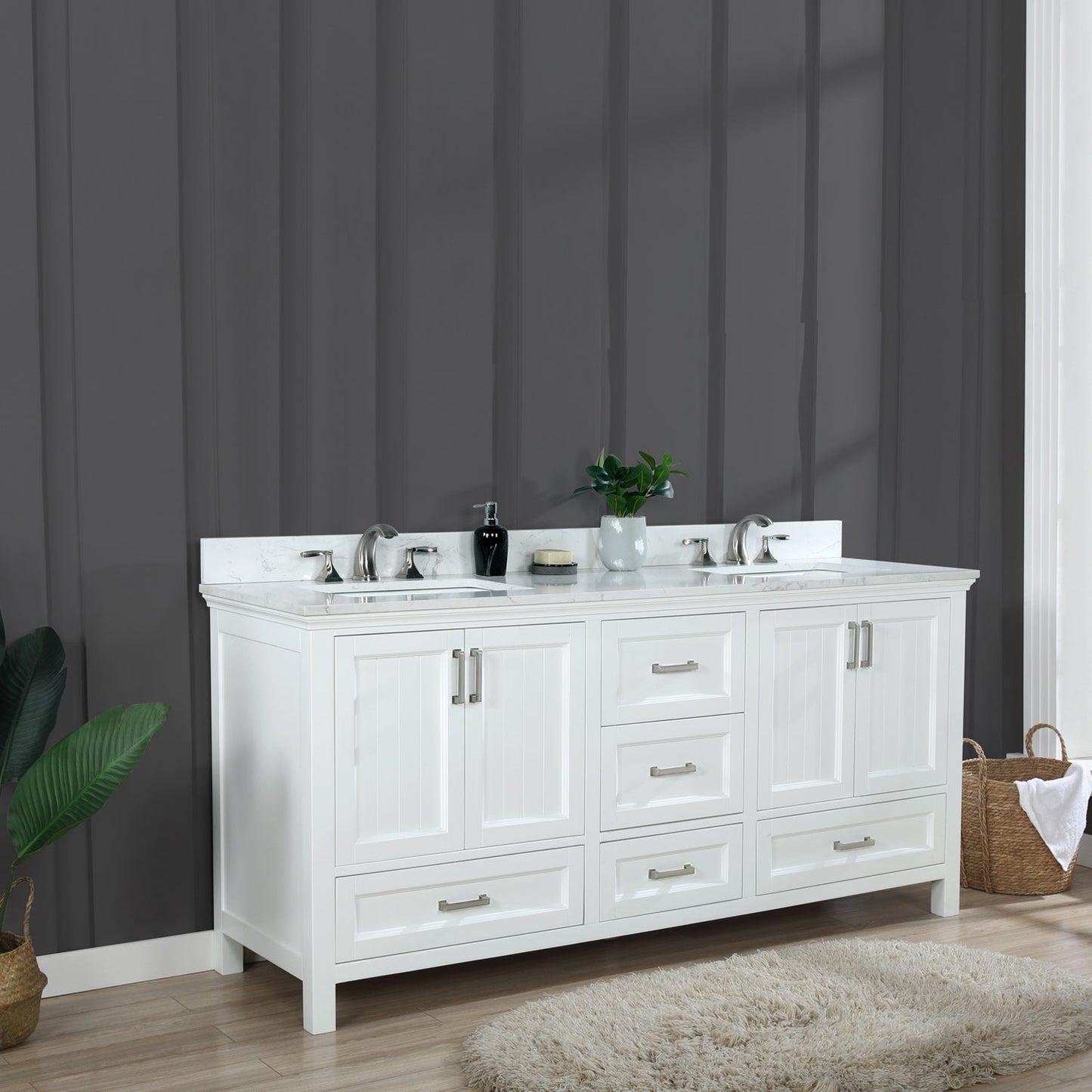 Isla 72" Double Bathroom Vanity Set in White and Aosta White Engineered Stone Countertop without Mirror