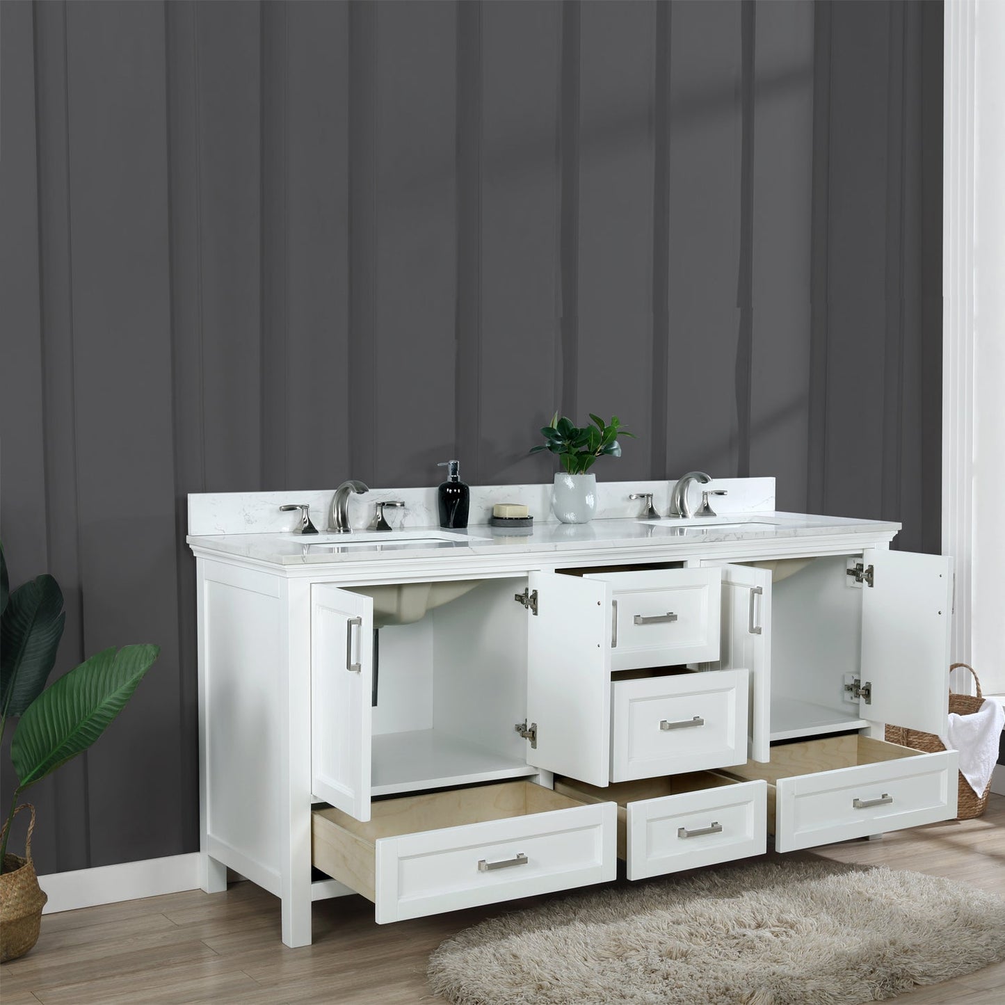 Isla 72" Double Bathroom Vanity Set in White and Aosta White Engineered Stone Countertop without Mirror