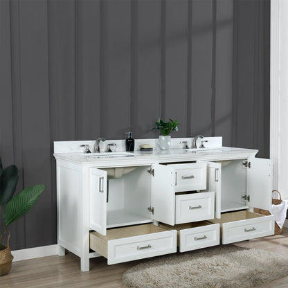Isla 72" Double Bathroom Vanity Set in White and Aosta White Engineered Stone Countertop without Mirror