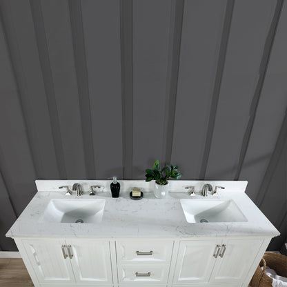 Isla 72" Double Bathroom Vanity Set in White and Aosta White Engineered Stone Countertop without Mirror