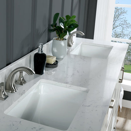 Isla 72" Double Bathroom Vanity Set in White and Aosta White Engineered Stone Countertop without Mirror