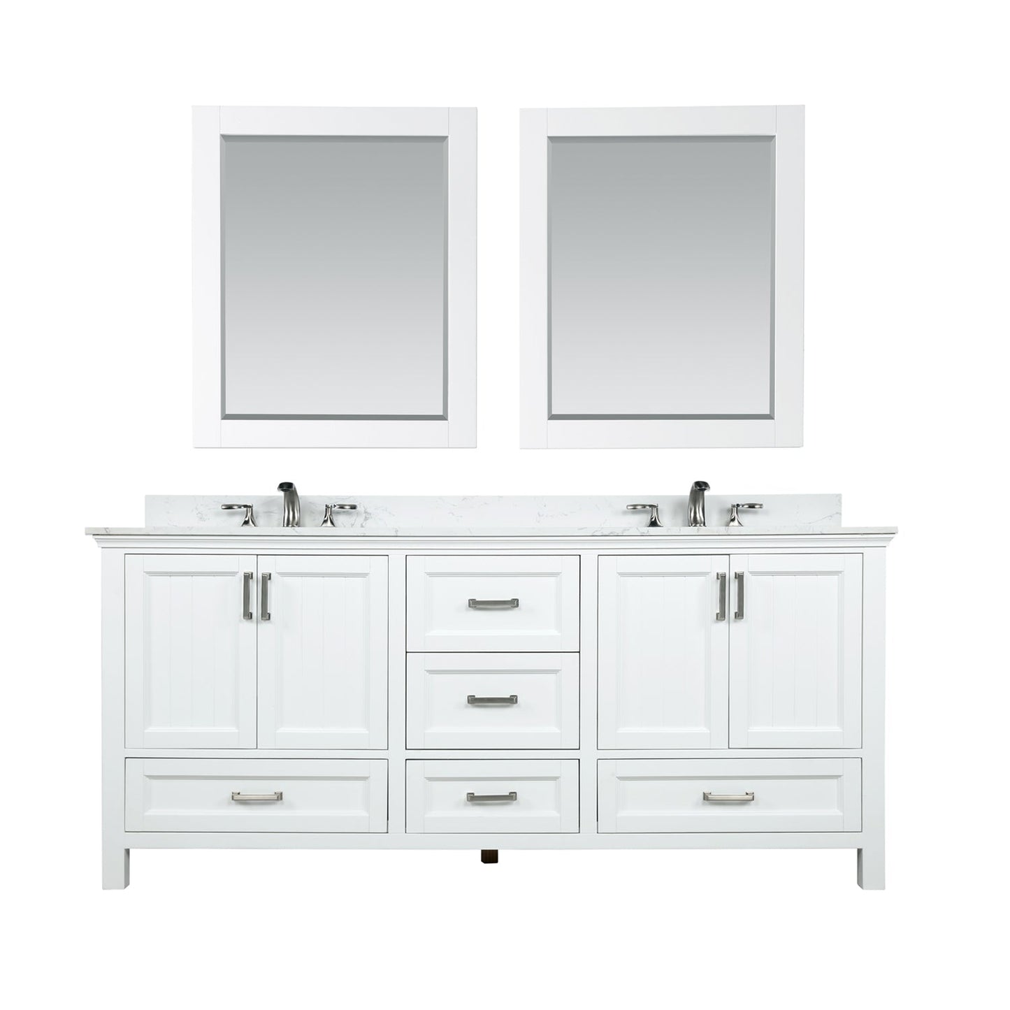 Isla 72" Double Bathroom Vanity Set in White and Aosta White Engineered Stone Countertop with Mirror