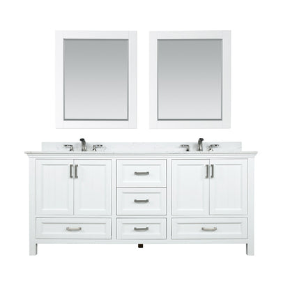 Isla 72" Double Bathroom Vanity Set in White and Aosta White Engineered Stone Countertop with Mirror
