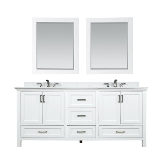 Isla 72" Double Bathroom Vanity Set in White and Aosta White Engineered Stone Countertop with Mirror