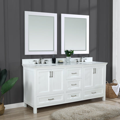 Isla 72" Double Bathroom Vanity Set in White and Aosta White Engineered Stone Countertop with Mirror
