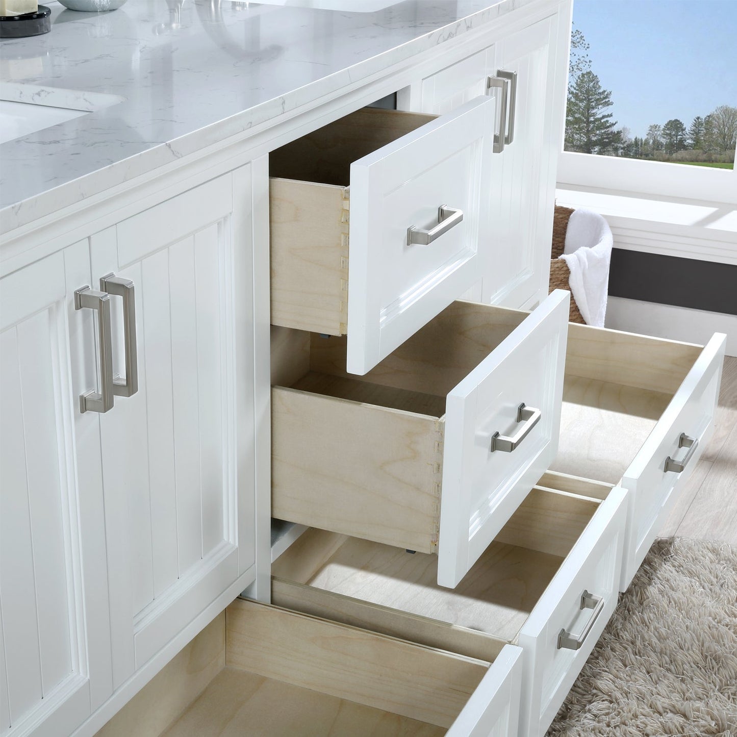 Isla 72" Double Bathroom Vanity Set in White and Aosta White Engineered Stone Countertop with Mirror