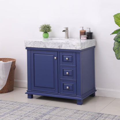 Jardin 36" Single Bathroom Vanity Set in Jewelry Blue and Carrara White Marble Countertop without Mirror