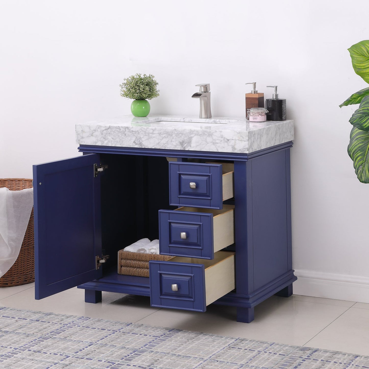 Jardin 36" Single Bathroom Vanity Set in Jewelry Blue and Carrara White Marble Countertop without Mirror