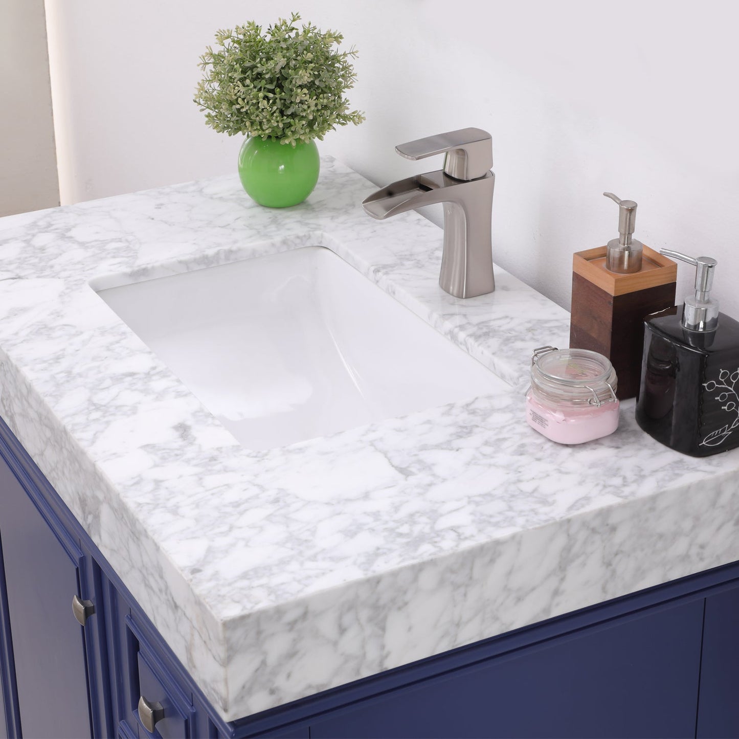 Jardin 36" Single Bathroom Vanity Set in Jewelry Blue and Carrara White Marble Countertop without Mirror