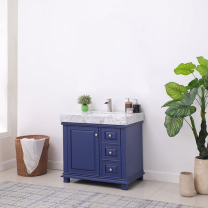 Jardin 36" Single Bathroom Vanity Set in Jewelry Blue and Carrara White Marble Countertop without Mirror