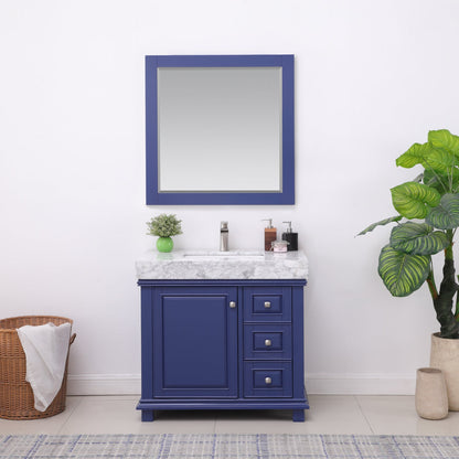 Jardin 36" Single Bathroom Vanity Set in Jewelry Blue and Carrara White Marble Countertop with Mirror