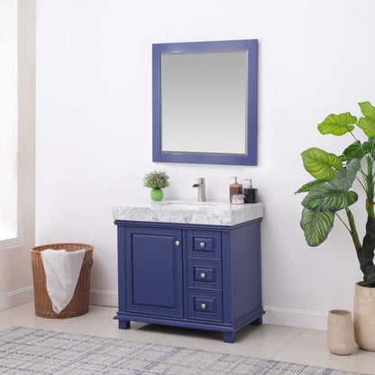 Jardin 36" Single Bathroom Vanity Set in Jewelry Blue and Carrara White Marble Countertop with Mirror