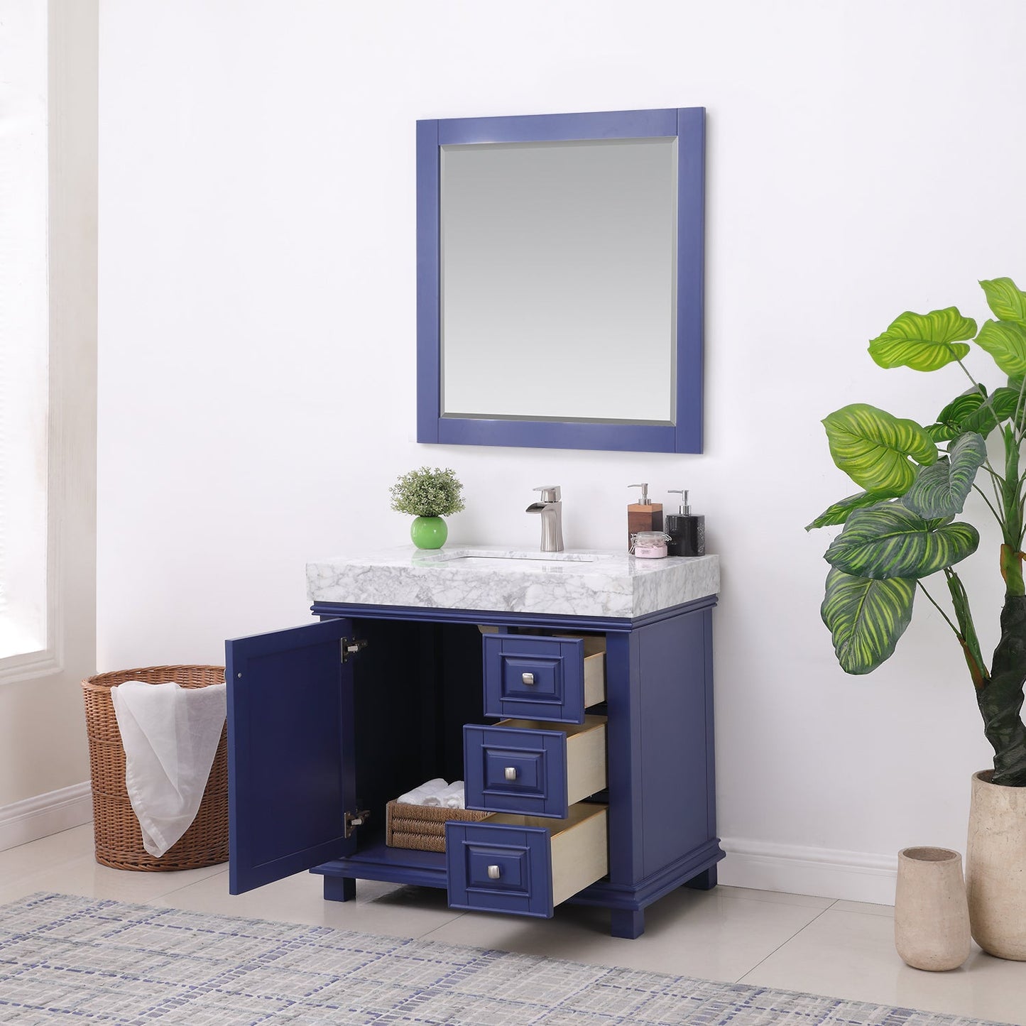 Jardin 36" Single Bathroom Vanity Set in Jewelry Blue and Carrara White Marble Countertop with Mirror