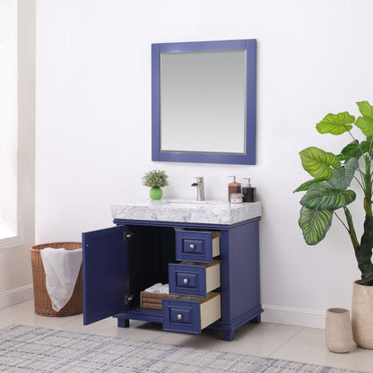 Jardin 36" Single Bathroom Vanity Set in Jewelry Blue and Carrara White Marble Countertop with Mirror