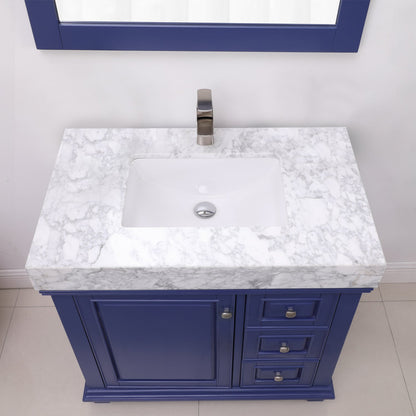 Jardin 36" Single Bathroom Vanity Set in Jewelry Blue and Carrara White Marble Countertop with Mirror