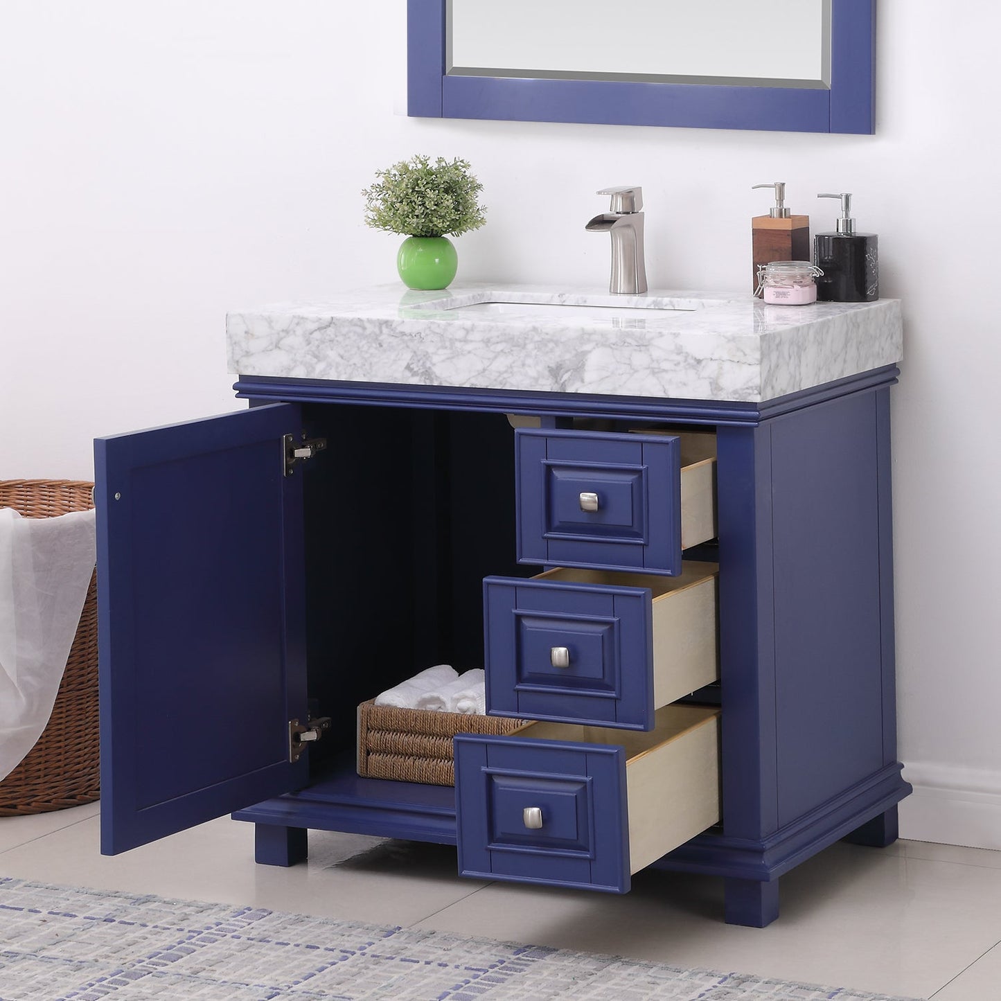 Jardin 36" Single Bathroom Vanity Set in Jewelry Blue and Carrara White Marble Countertop with Mirror