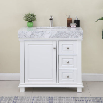 Jardin 36" Single Bathroom Vanity Set in White and Carrara White Marble Countertop without Mirror