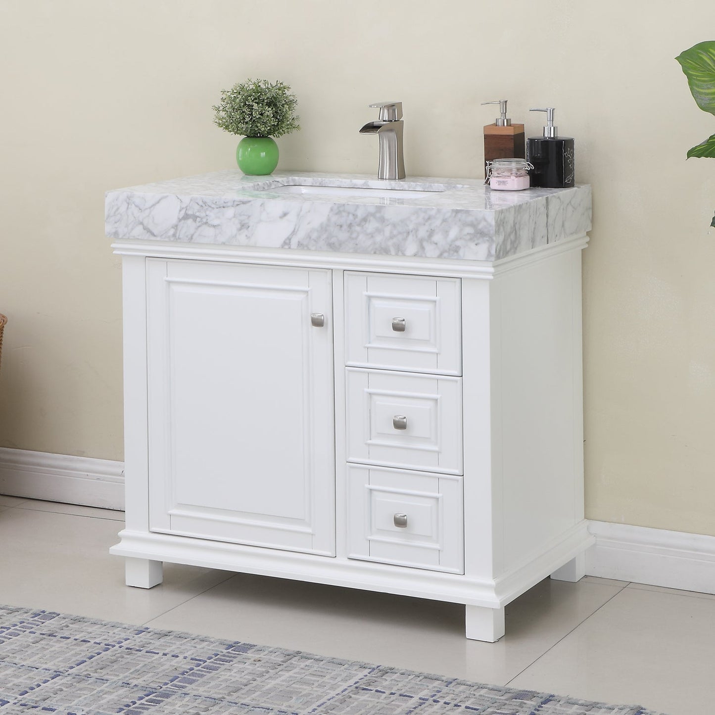 Jardin 36" Single Bathroom Vanity Set in White and Carrara White Marble Countertop without Mirror