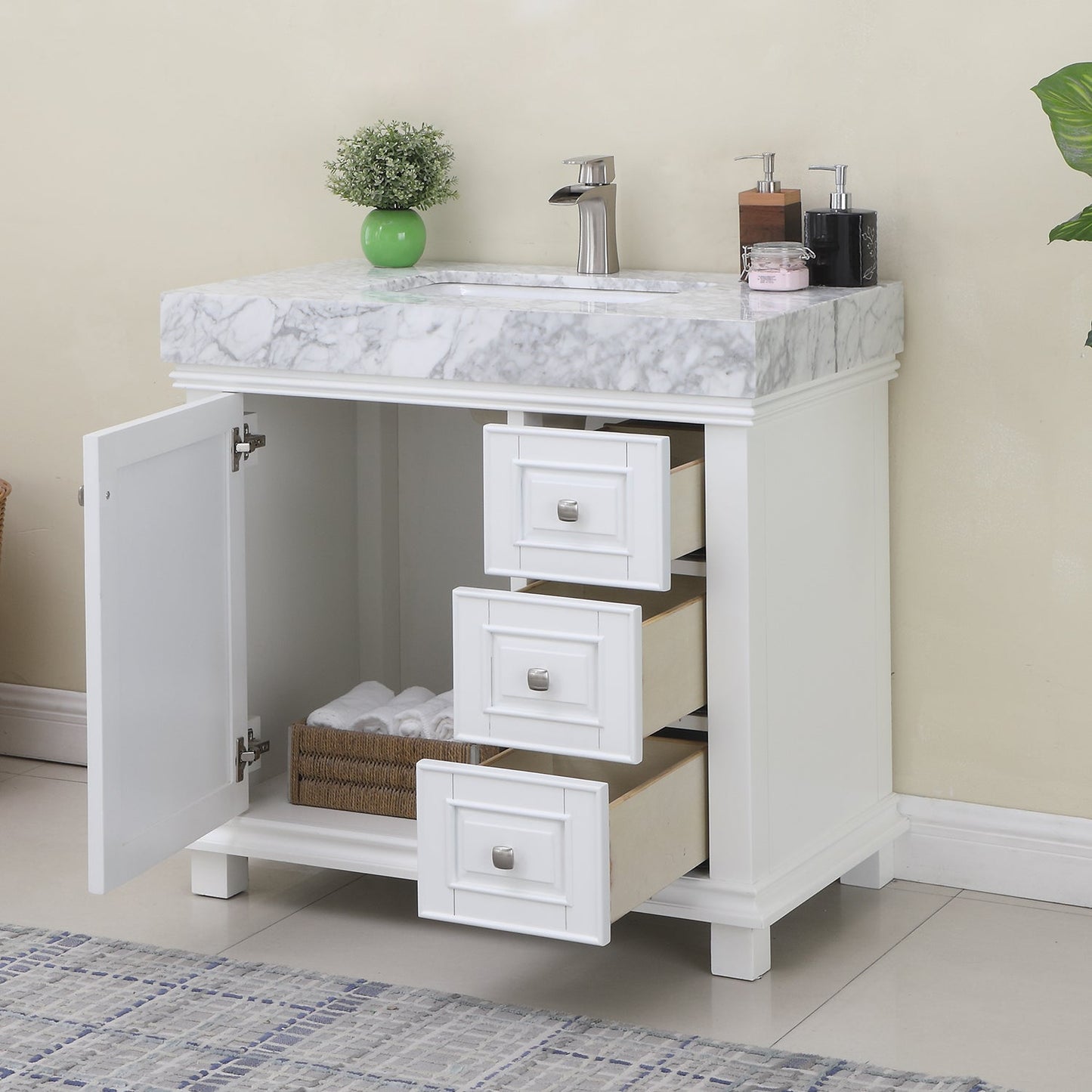 Jardin 36" Single Bathroom Vanity Set in White and Carrara White Marble Countertop without Mirror