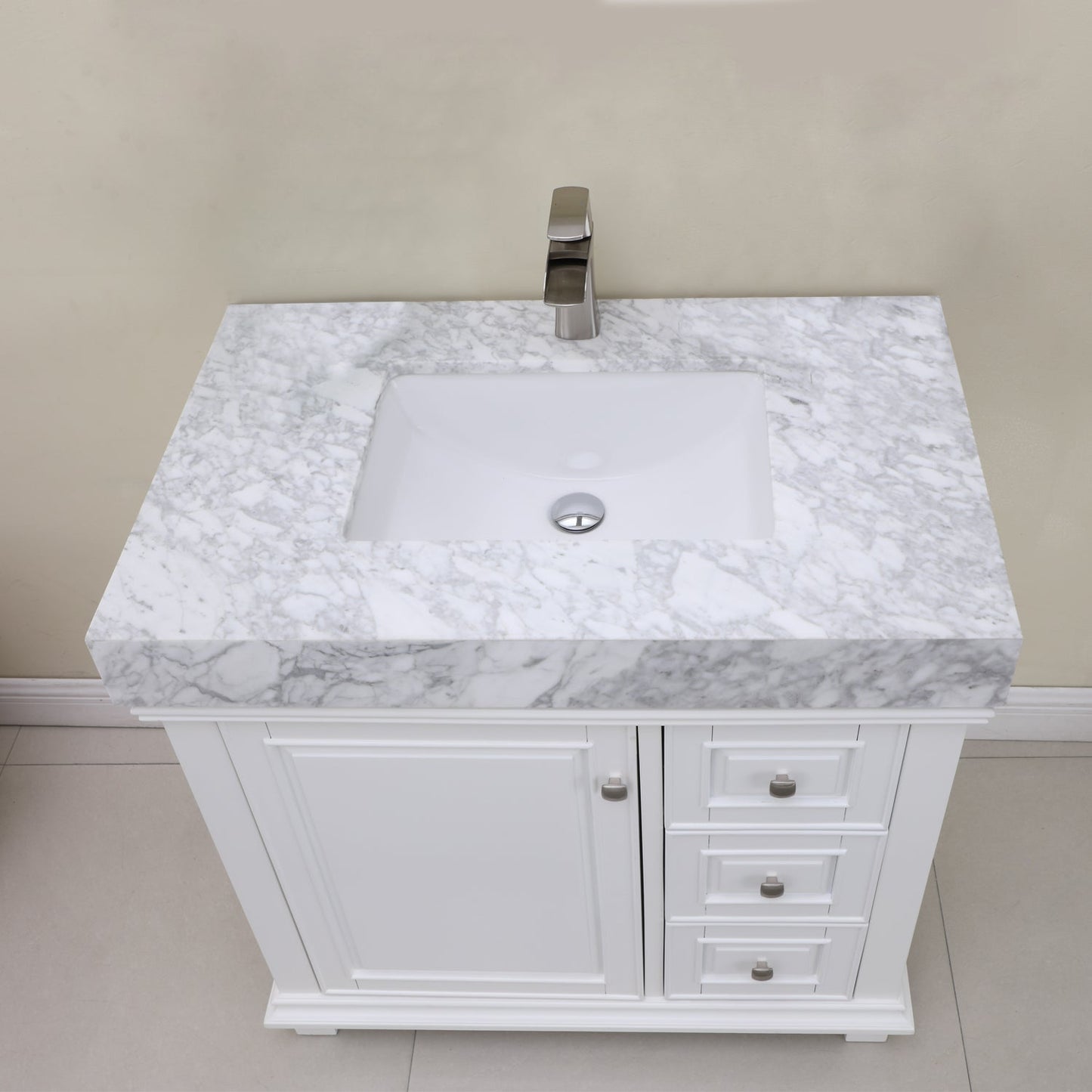 Jardin 36" Single Bathroom Vanity Set in White and Carrara White Marble Countertop without Mirror