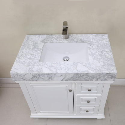 Jardin 36" Single Bathroom Vanity Set in White and Carrara White Marble Countertop without Mirror