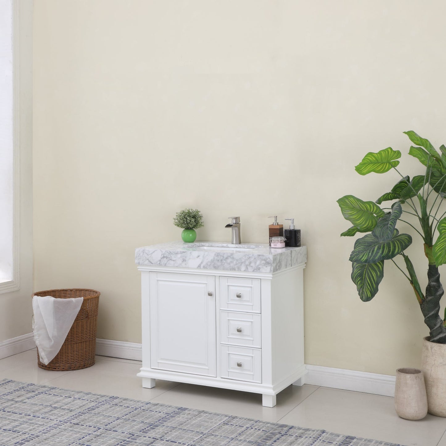 Jardin 36" Single Bathroom Vanity Set in White and Carrara White Marble Countertop without Mirror