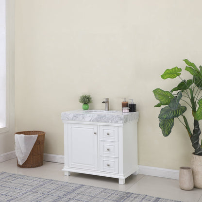 Jardin 36" Single Bathroom Vanity Set in White and Carrara White Marble Countertop without Mirror
