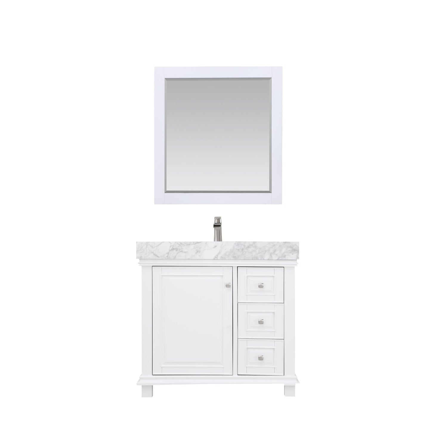 Jardin 36" Single Bathroom Vanity Set in White and Carrara White Marble Countertop with Mirror