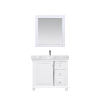 Jardin 36" Single Bathroom Vanity Set in White and Carrara White Marble Countertop with Mirror