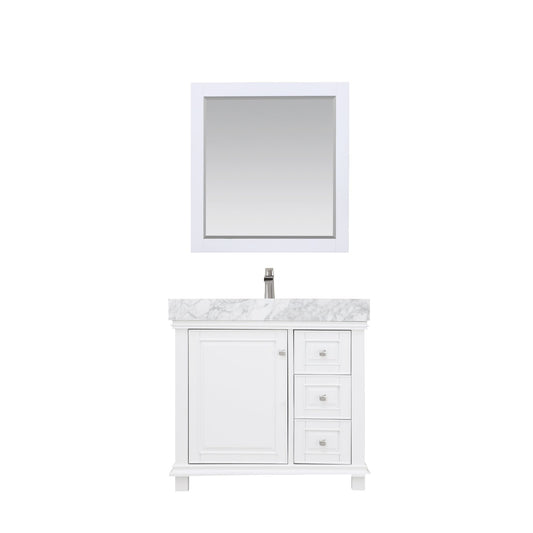 Jardin 36" Single Bathroom Vanity Set in White and Carrara White Marble Countertop with Mirror