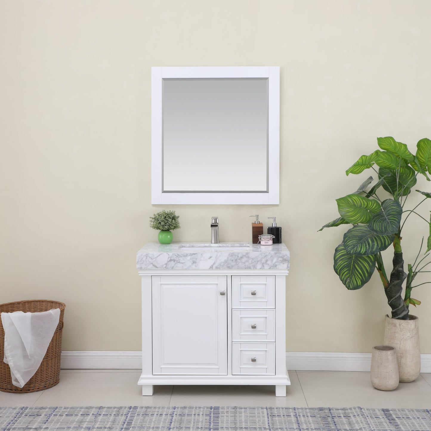 Jardin 36" Single Bathroom Vanity Set in White and Carrara White Marble Countertop with Mirror