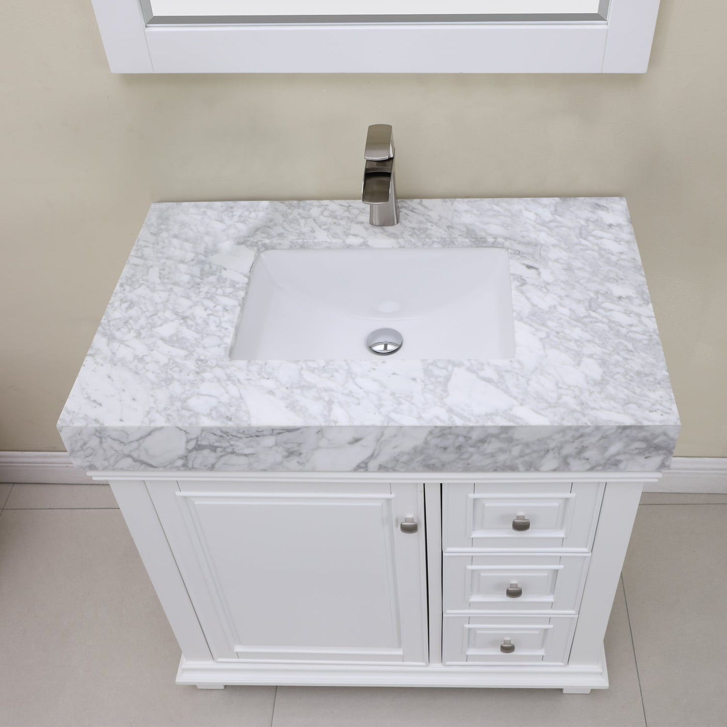Jardin 36" Single Bathroom Vanity Set in White and Carrara White Marble Countertop with Mirror