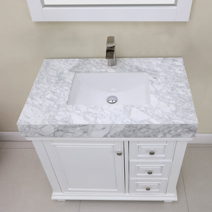 Jardin 36" Single Bathroom Vanity Set in White and Carrara White Marble Countertop with Mirror