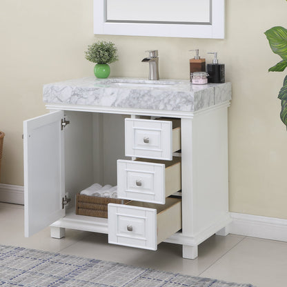 Jardin 36" Single Bathroom Vanity Set in White and Carrara White Marble Countertop with Mirror