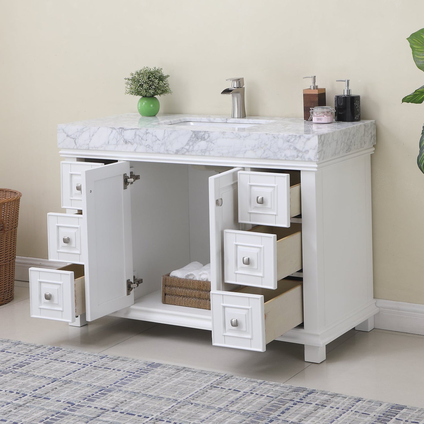 Jardin 48" Single Bathroom Vanity Set in White and Carrara White Marble Countertop without Mirror