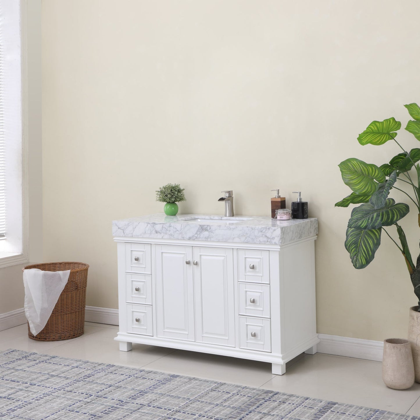 Jardin 48" Single Bathroom Vanity Set in White and Carrara White Marble Countertop without Mirror