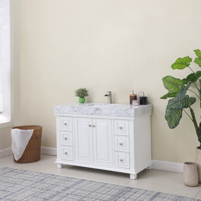 Jardin 48" Single Bathroom Vanity Set in White and Carrara White Marble Countertop without Mirror