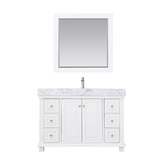 Jardin 48" Single Bathroom Vanity Set in White and Carrara White Marble Countertop with Mirror