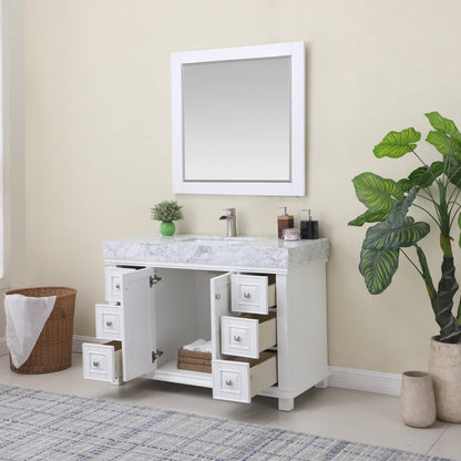 Jardin 48" Single Bathroom Vanity Set in White and Carrara White Marble Countertop with Mirror