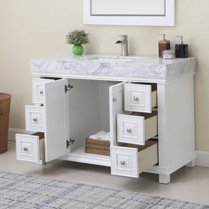 Jardin 48" Single Bathroom Vanity Set in White and Carrara White Marble Countertop with Mirror