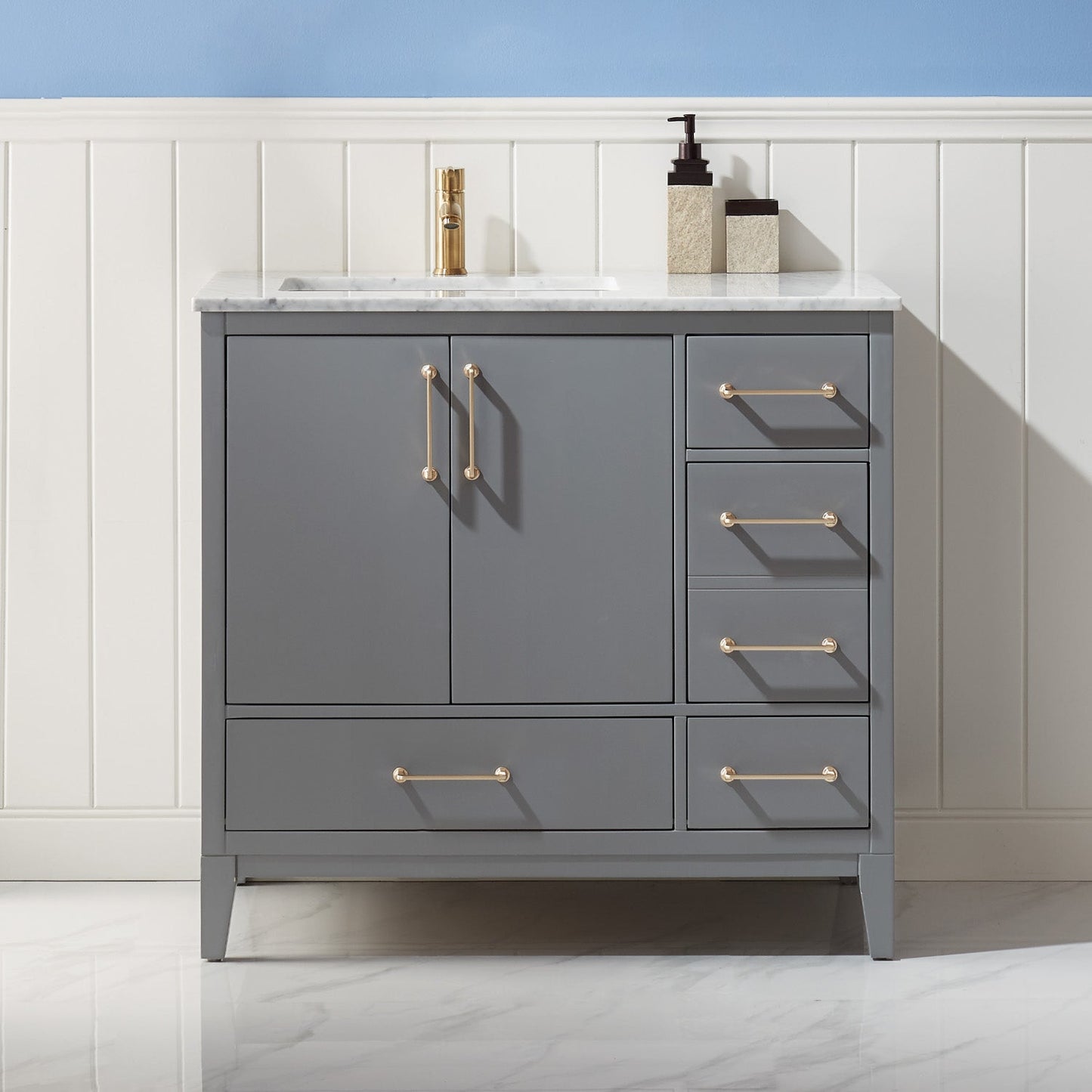 Sutton 36" Single Bathroom Vanity Set in Gray and Carrara White Marble Countertop without Mirror