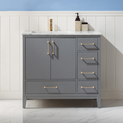 Sutton 36" Single Bathroom Vanity Set in Gray and Carrara White Marble Countertop without Mirror